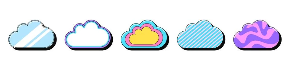 Isolated retro cloud icon set, vector stickers. Digital data storage, cloud.. Stock Illustration