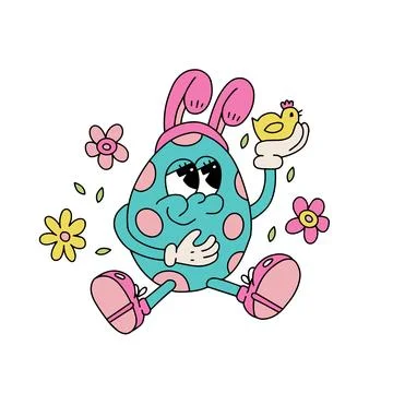 Isolated retro groovy easter egg character. Cute siting mascot with banny ears Stock Illustration