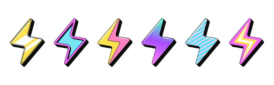 Isolated retro lightning icon set, vector stickers. Lightning flash, electr.. 스톡 일러스트