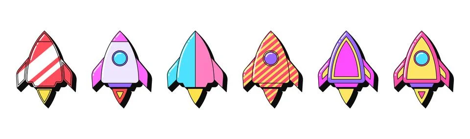 Isolated retro rocket icon set, vector stickers. Startup launch, space ship.. Stock Illustration
