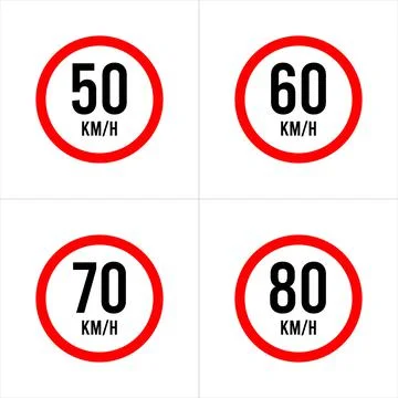Isolated Road Maximum Speed limit sign 50 kmh, 60, 70, 80 Kmh Stock Illustration