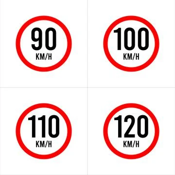 Isolated Road Maximum Speed limit sign 90 kmh, 100, 110, 120 Kmh Stock Illustration