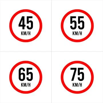 Isolated Road Maximum Speed limit sign 45 kmh, 55, 65, 75 Kmh Stock Illustration