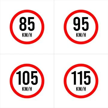 Isolated Road Maximum Speed limit sign 85 kmh, 95, 105, 115 Kmh Stock Illustration