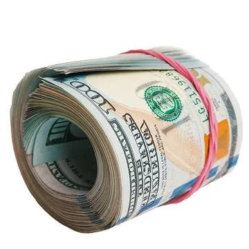 Isolated roll of dollars. A large roll of hundred-dollar bills lies on a whit Stock Photos