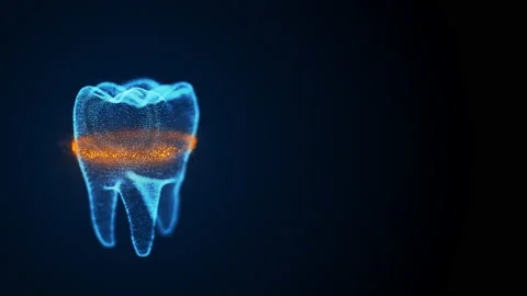 Isolated rotating tooth costructed with glowing points and orange scanning line Stock Footage