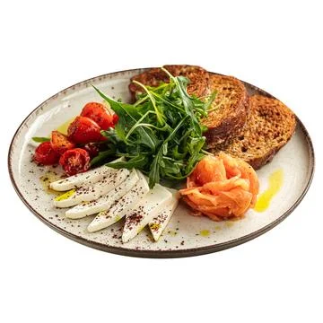 Isolated salmon appetizer with bread and salad Stock Photos