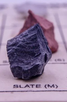 Isolated sample of a Gray Slate rock on texture background. Gray Slate Meta.. Stock-Fotos