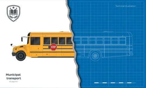 Isolated school bus drawing. 3d outline blueprint. Top, side, front view Stock Illustration