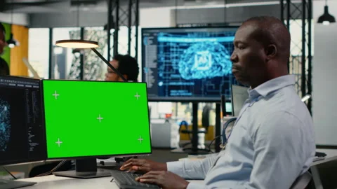 Isolated screen computer used by admin in office doing AI software development Stock Footage 323332171