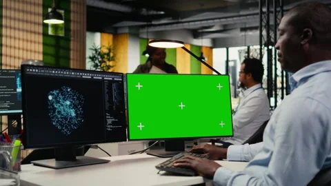 Isolated screen computer used by technician in AI startup office Stock Footage 322706912