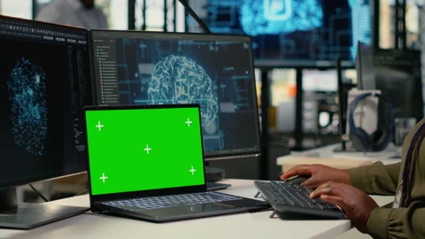 Isolated screen computer used by technician in AI startup office Stock Footage 323030429
