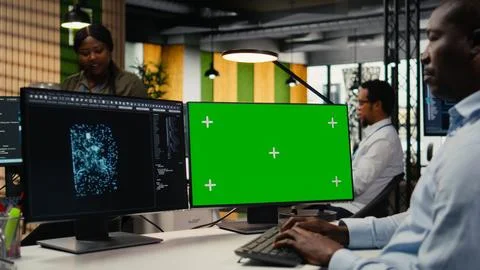 Isolated screen computer used by technician in AI startup office Stock Photos