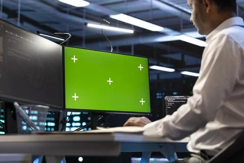 Isolated screen, developer and programming at data center for software testing Stock-Fotos