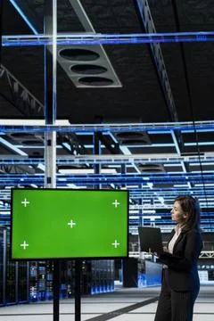 Isolated screen display used by data center female system administrator 스톡 사진