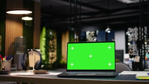 Isolated screen in empty business office at night with modern elegant interior Stock Footage 334039822