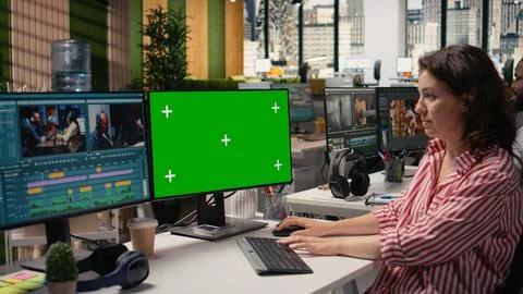 Isolated screen, film editing software, female editor cutting recorded clips Stock Photos