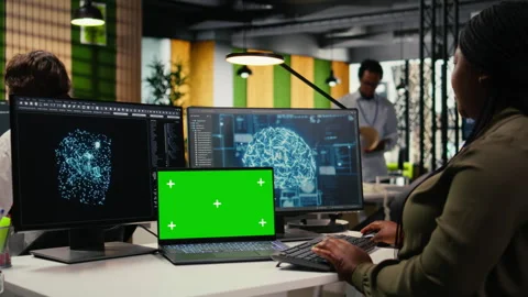 Isolated screen laptop AI used by admin in office to optimize company systems Video stock 322704875
