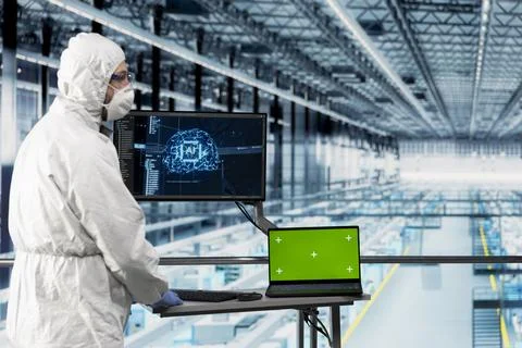 Isolated screen laptop and machine learning used by microchip factory engineer Stock Photos