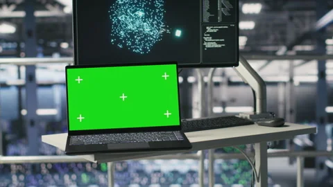 Isolated screen laptop automating supercomputers hardware inside server hub Stock Footage 310276376