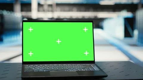 Isolated screen laptop in data center used to optimize server equipment load Stock Footage 328334544