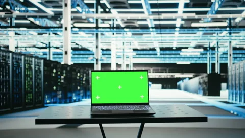 Isolated screen laptop in data center and augmented reality virtualization Stock Footage 329591144