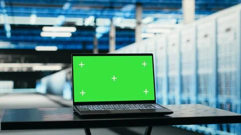 Isolated screen laptop in data center managing IT infrastructure Stock Photos
