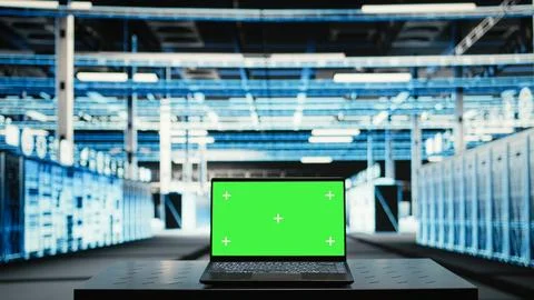 Isolated screen laptop in data center used to optimize server equipment load Stock Photos