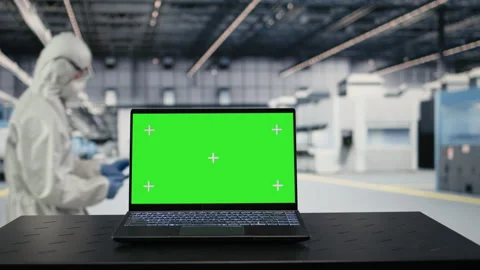 Isolated screen laptop in empty semiconductor production plant facility v Stock Footage 333394431