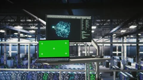 Isolated screen laptop next to elevated industrial data center control station 스톡 사진
