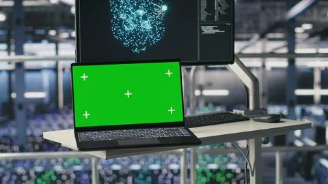 Isolated screen laptop next to elevated industrial data center control station 写真素材