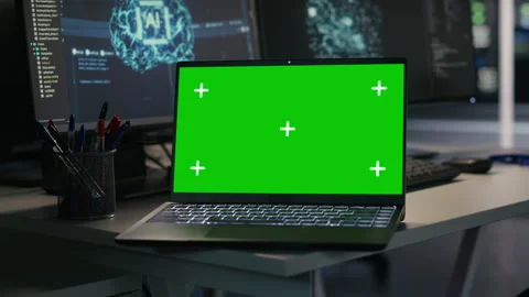 Isolated screen laptop in server farm monitoring artificial intelligence tech Video stock 309776817