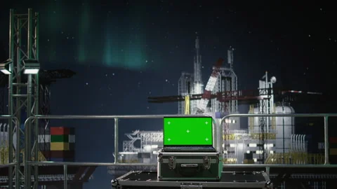Isolated screen laptop software evaluates energy security risks on drilling rig Stock Footage 336195633