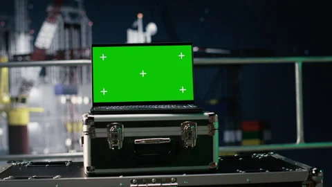 Isolated screen laptop software evaluates energy security risks on drilling rig Stock Footage 336198682