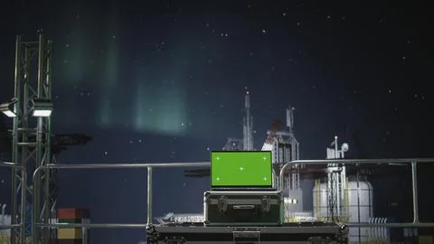 Isolated screen laptop software evaluates energy security risks on drilling rig 库存照片