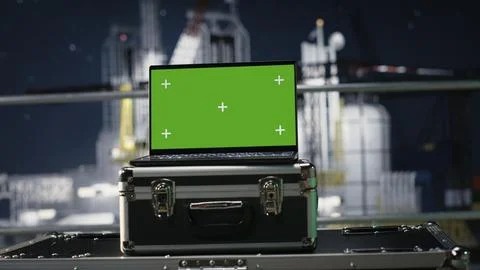 Isolated screen laptop software evaluates energy security risks on drilling rig 库存照片