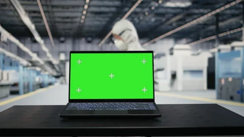 Isolated screen laptop, testing silicon wafer batches and worker Stock Footage 333394417