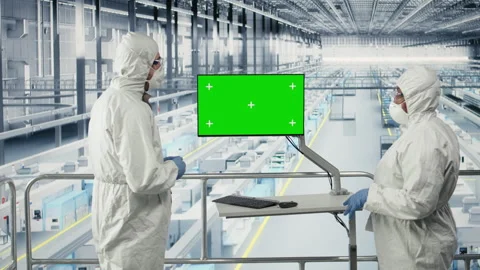 Isolated screen laptop used by engineer reviewing microchip factory diagnostics Stock Footage 333382790