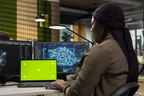 Isolated screen laptop used by software developer running AI algorithms Stock Photos