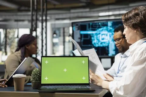 Isolated screen laptop used by software developers brainstorming to create AI Stock Photos
