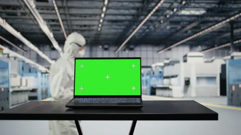 Isolated screen laptop used by technician to monitor microchip production Stock Footage 333394466