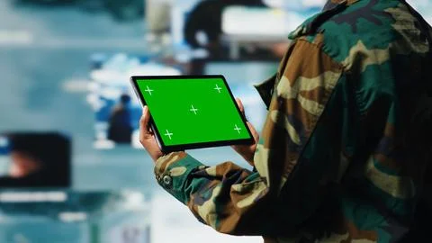 Isolated screen mockup tablet warning system used by military operator Stock Photos