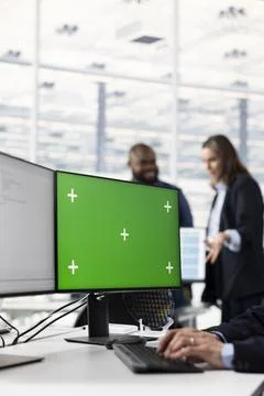 Isolated screen PC, doing yield enhancement, and man tracking microchips Stock Photos