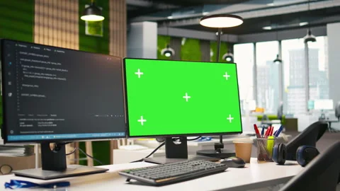 Isolated screen PC on office desk showing software development code Stock Footage 313015427