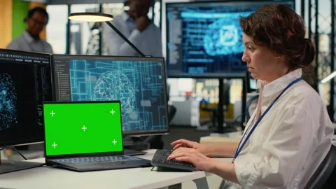 Isolated screen PC used by admin in office, using AI specialized hardware Stock Footage 323030358