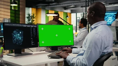 Isolated screen PC used by admin in office, using AI specialized hardware Stock Footage 323238484