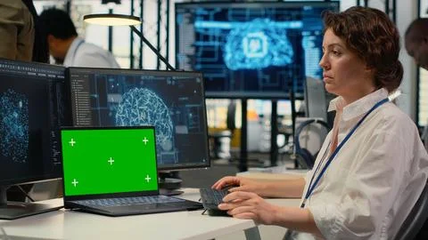 Isolated screen PC used by admin in office, using AI specialized hardware 写真素材