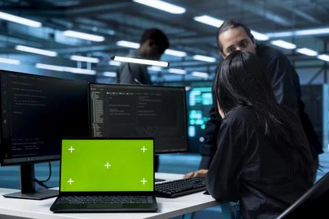 Isolated screen, programmer and collaboration with coworkers in data center Stock Photos