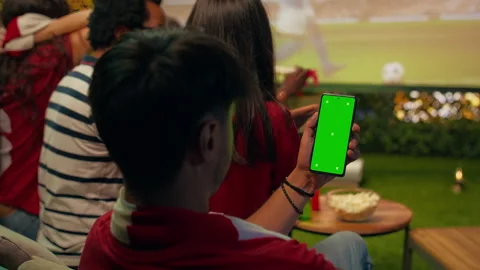Isolated screen smartphone used by man viewing soccer match Stock Footage 346781213
