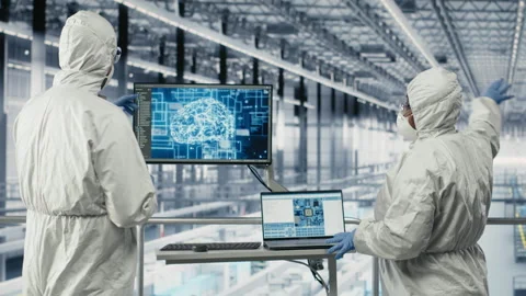 Isolated screen tablet and AI used by microchip factory worker Stock Footage 333378847